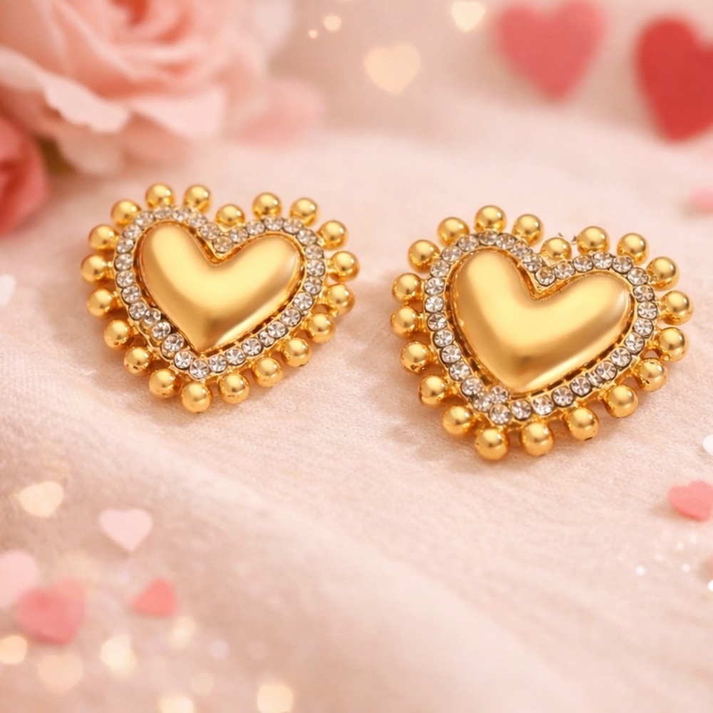 Gold Rhinestone Heart Stud Earrings